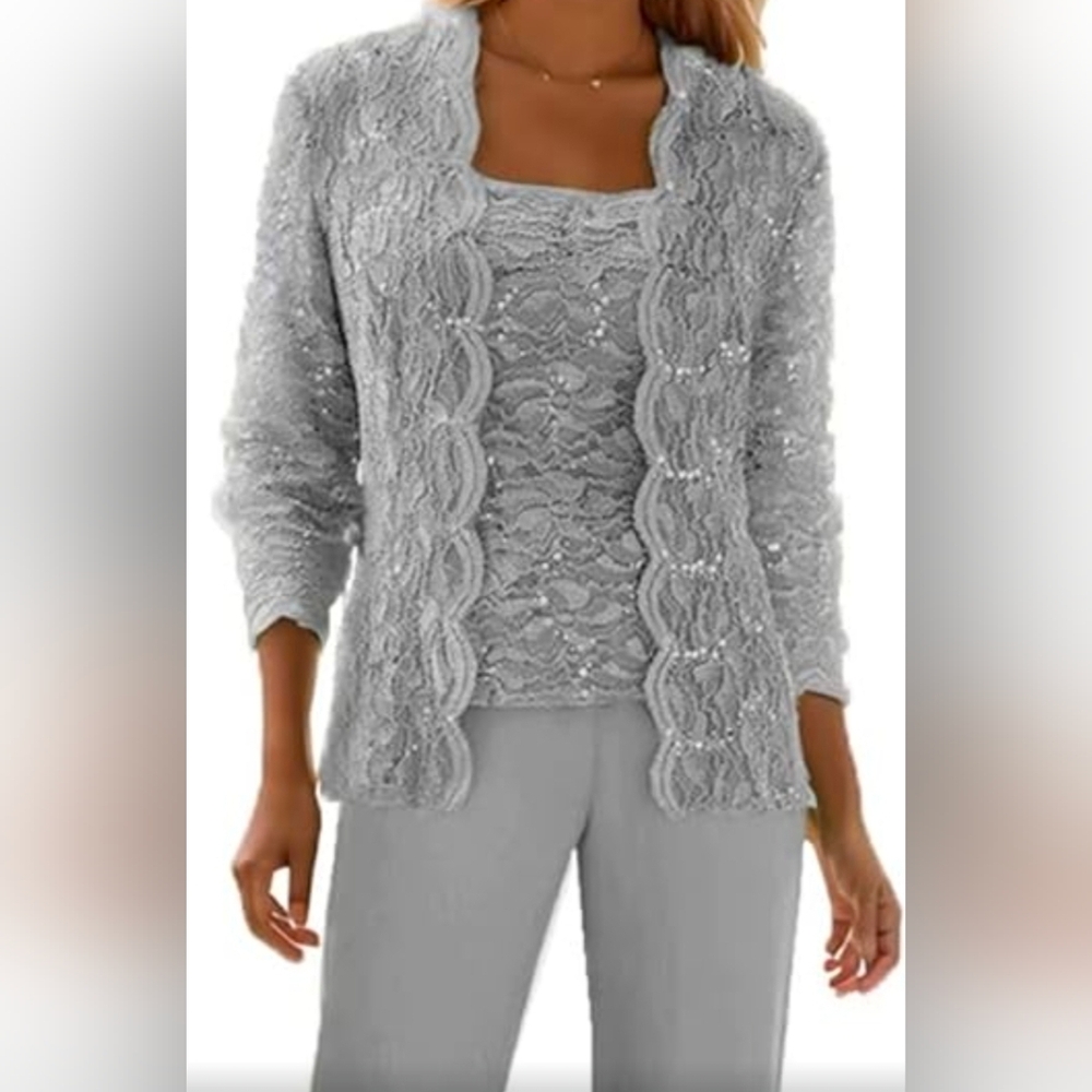 Elegant Gray Lace Women's Sequin 3 Piece Set Never Worn Size 14